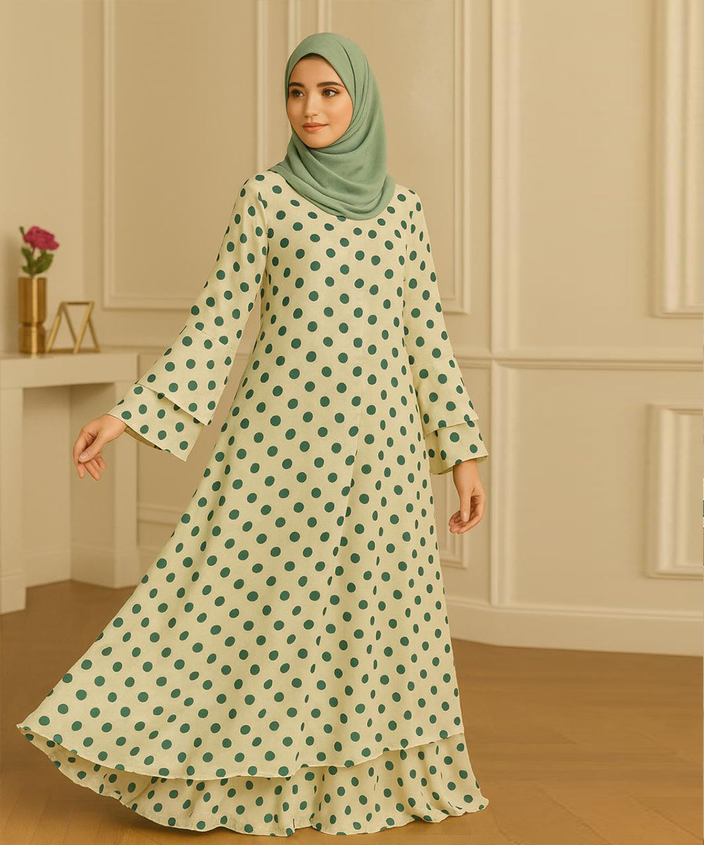Double Layer Abaya Light Green with Bottle Green Polka Dots (With Hijab)
