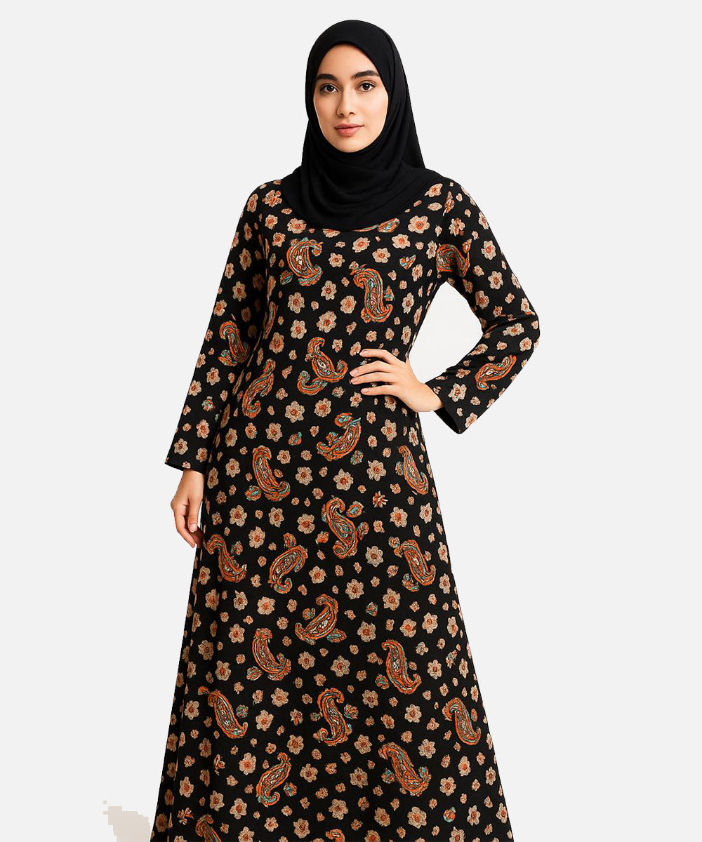 Double Layer Crepe Abaya (V Shoulder Cut) Black Floral Prints.