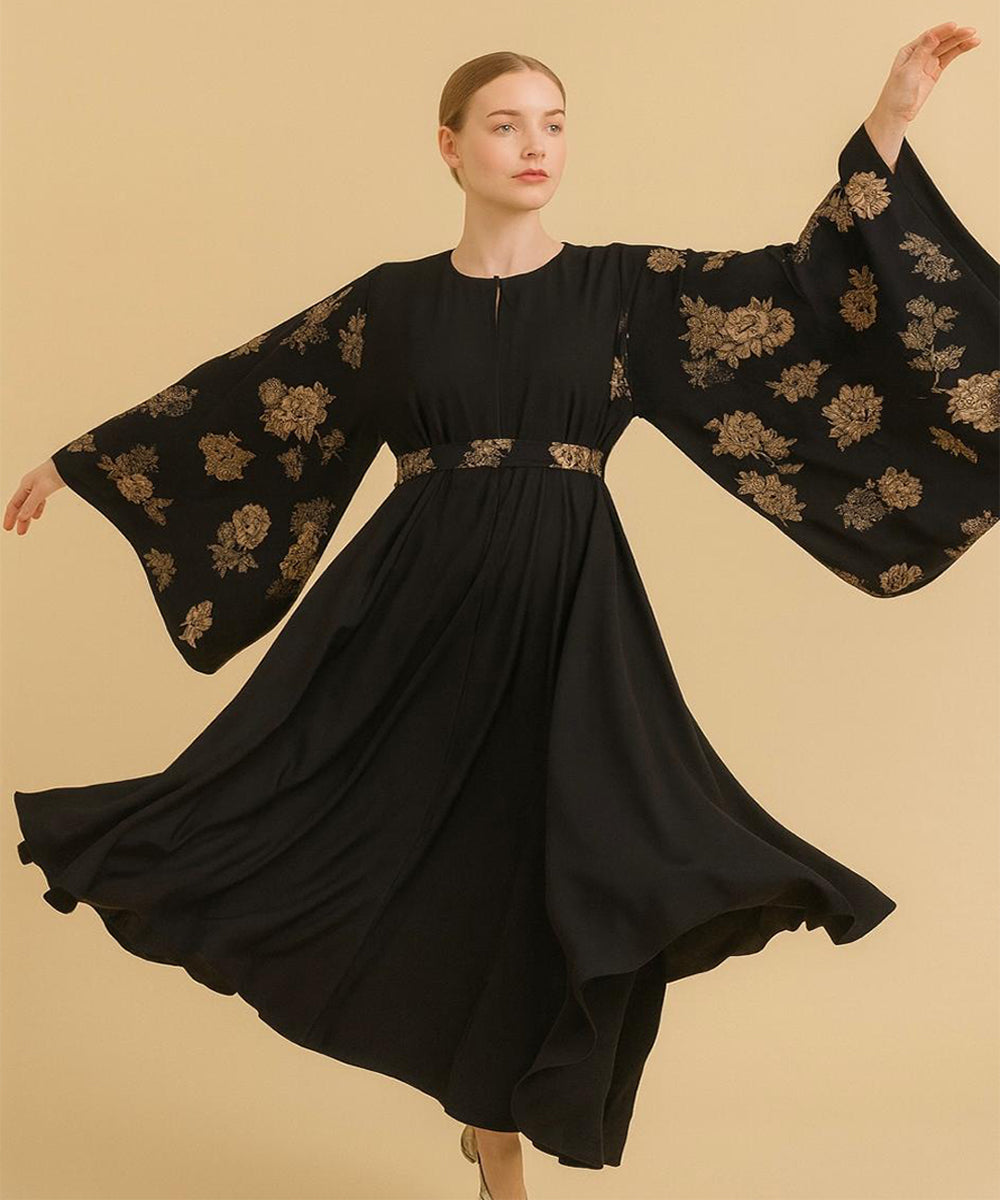 Simple Moderate Abaya Black Golden Floral Print Sleeves With Black Hijab