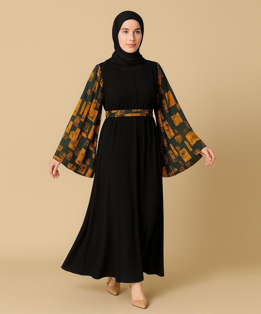 Simple Moderate Abaya Black Mustard Floral Geometric Prints on Dark Green With Black Hijab