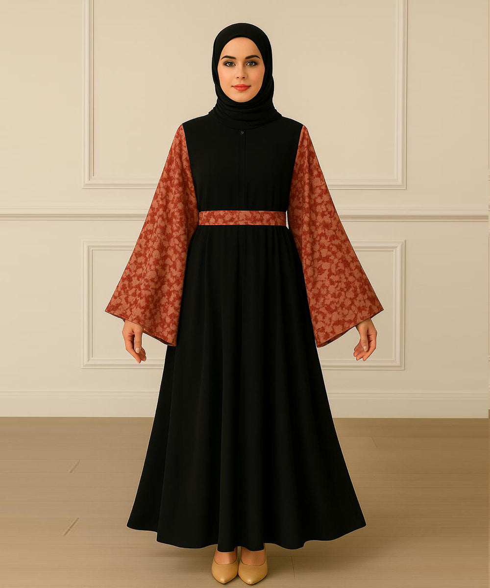 Simple Moderate Abaya Black Rust-Brown Marble Print Based With Black Hijab