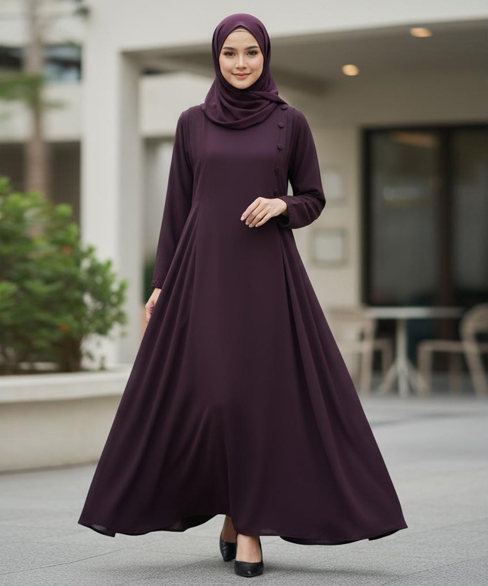 A-Line Flare Abaya With Straight Gheera Deep Plum-Colored
