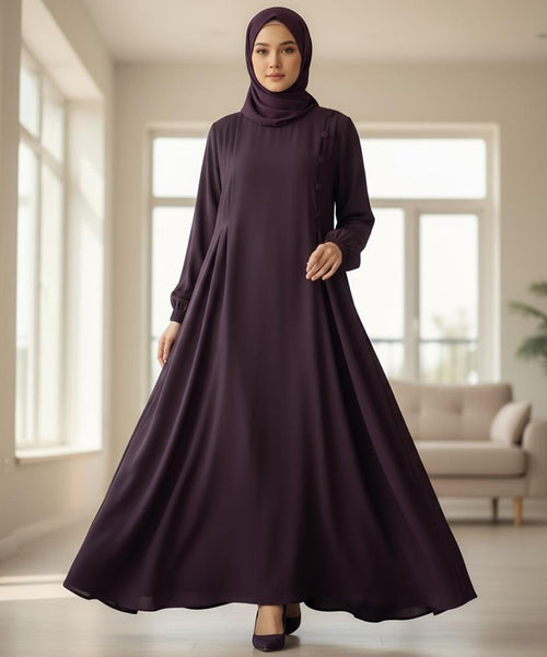 A-Line Flare Abaya With Straight Gheera Deep Plum-Colored