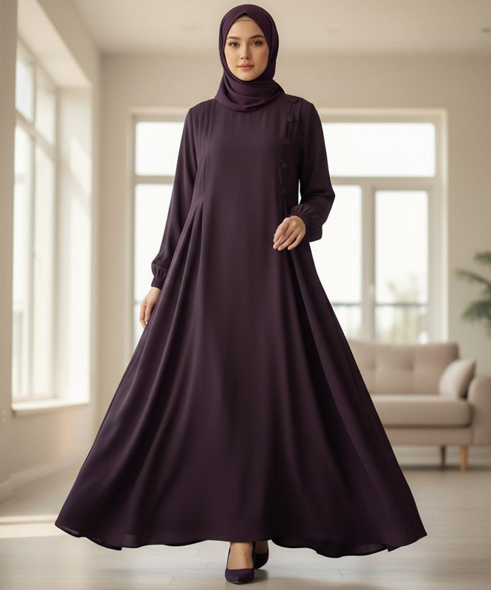 A-Line Flare Abaya With Straight Gheera Deep Plum-Colored