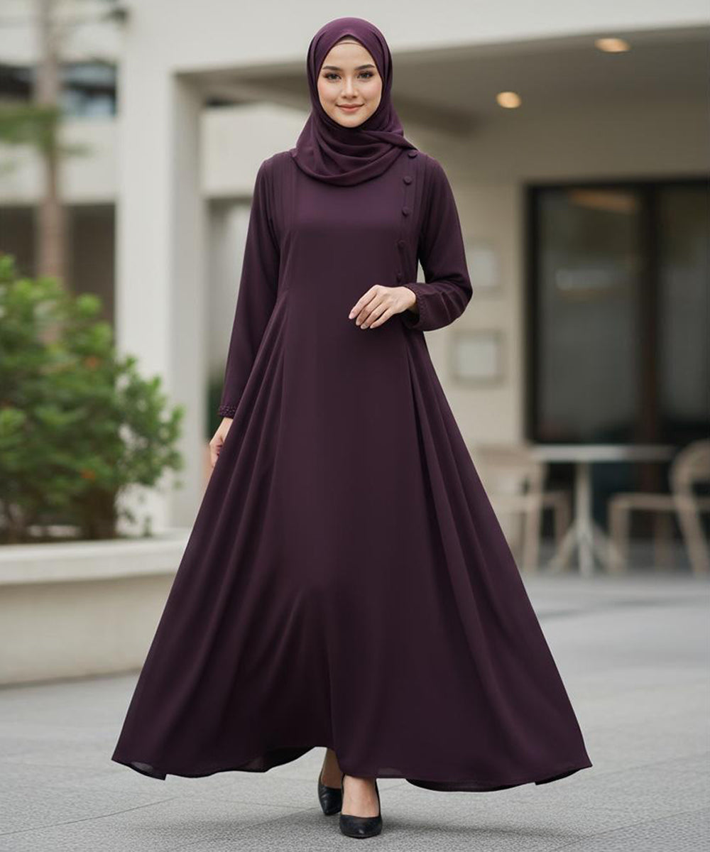 A-Line Flare Abaya With Straight Gheera Deep Plum-Colored