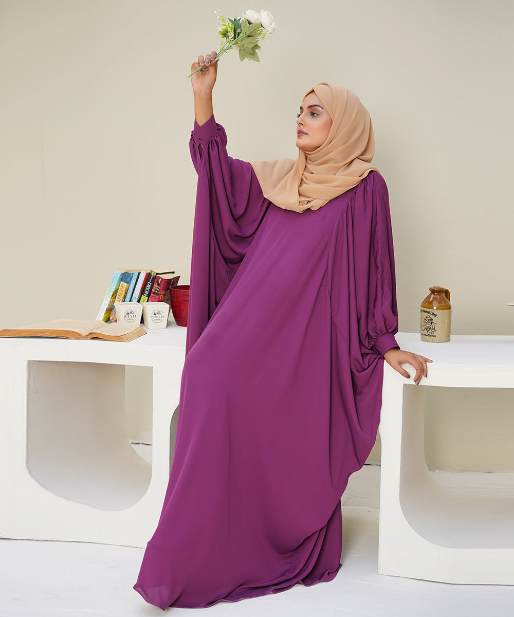 A Cut Elegant Abaya Purple Shade Neutral & Versatile With Hijab