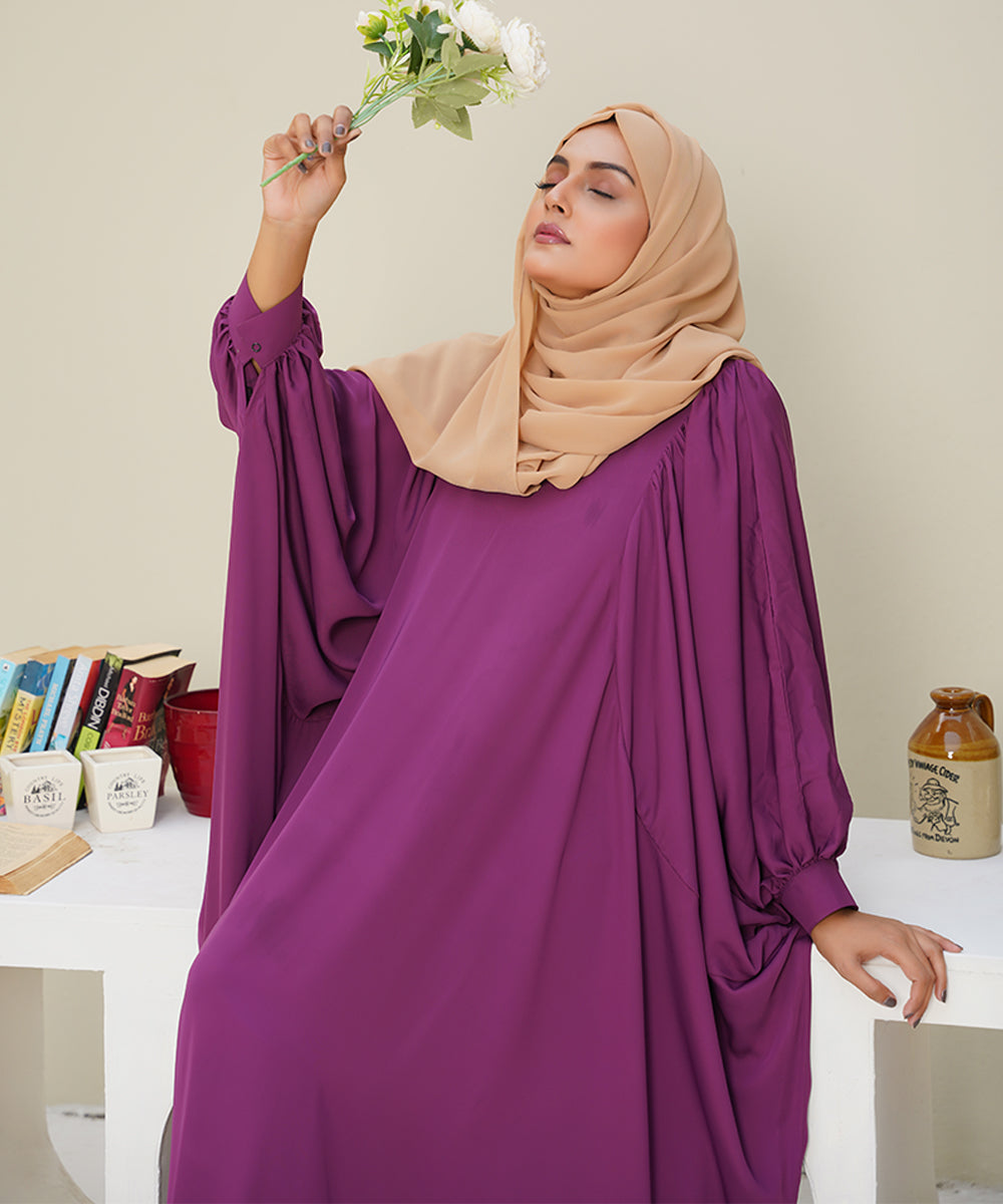 A Cut Elegant Abaya Purple Shade Neutral & Versatile With Hijab
