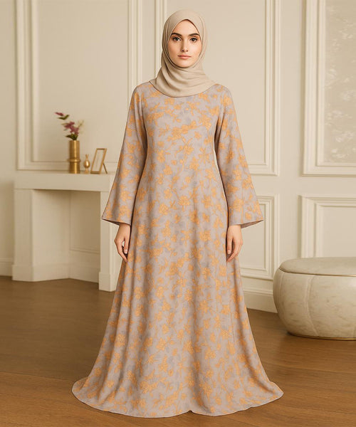 All-over Floral Pattern Abaya (V Shoulder Cut) Yellow–Orange