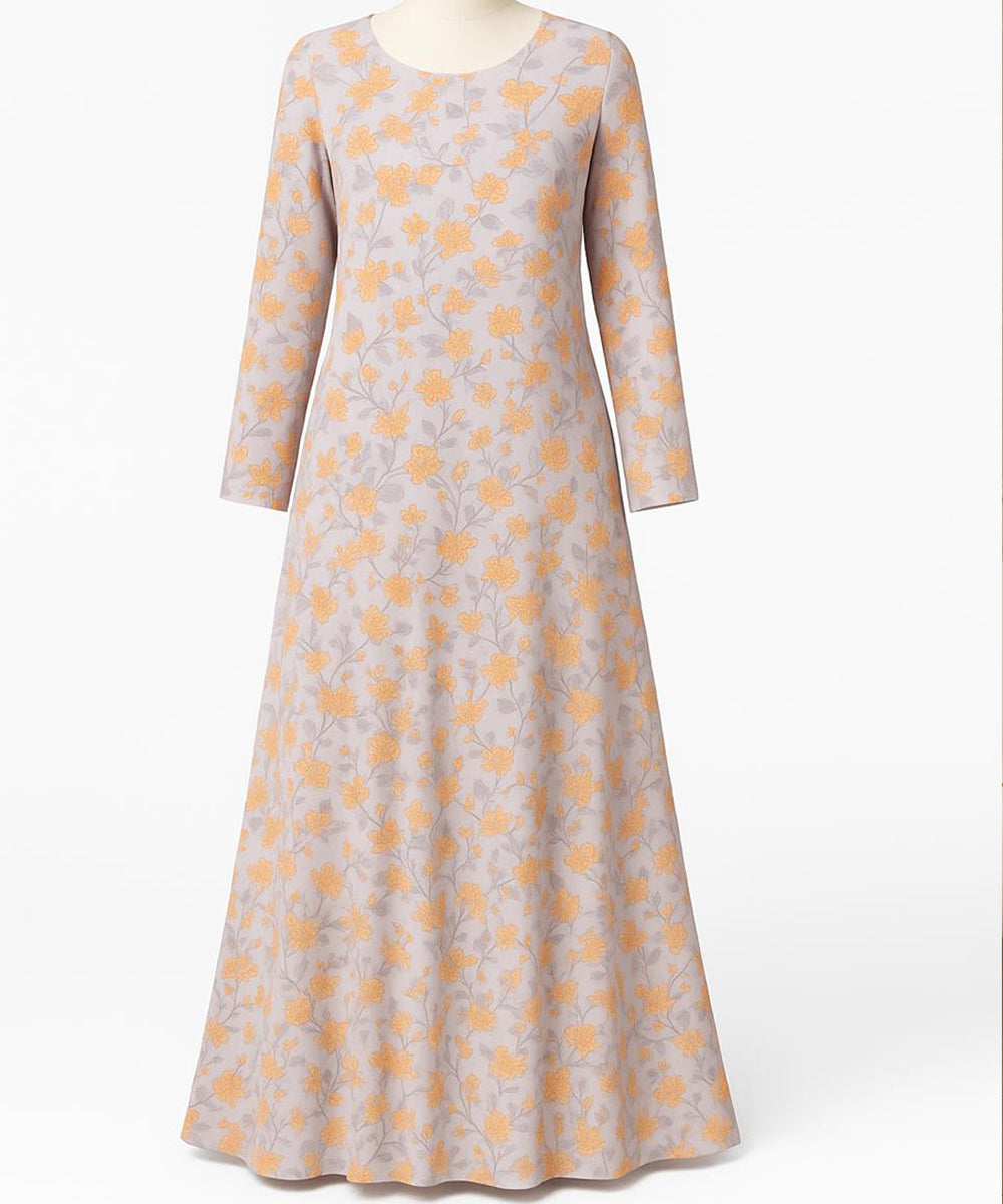 All-over Floral Pattern Abaya (V Shoulder Cut) Yellow–Orange