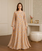 All-over Floral Pattern Abaya (V Shoulder Cut) Yellow–Orange