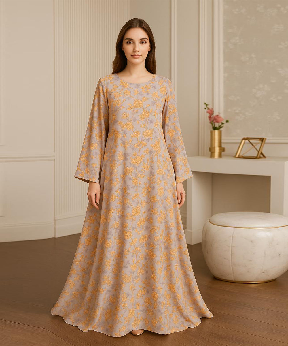 All-over Floral Pattern Abaya (V Shoulder Cut) Yellow–Orange