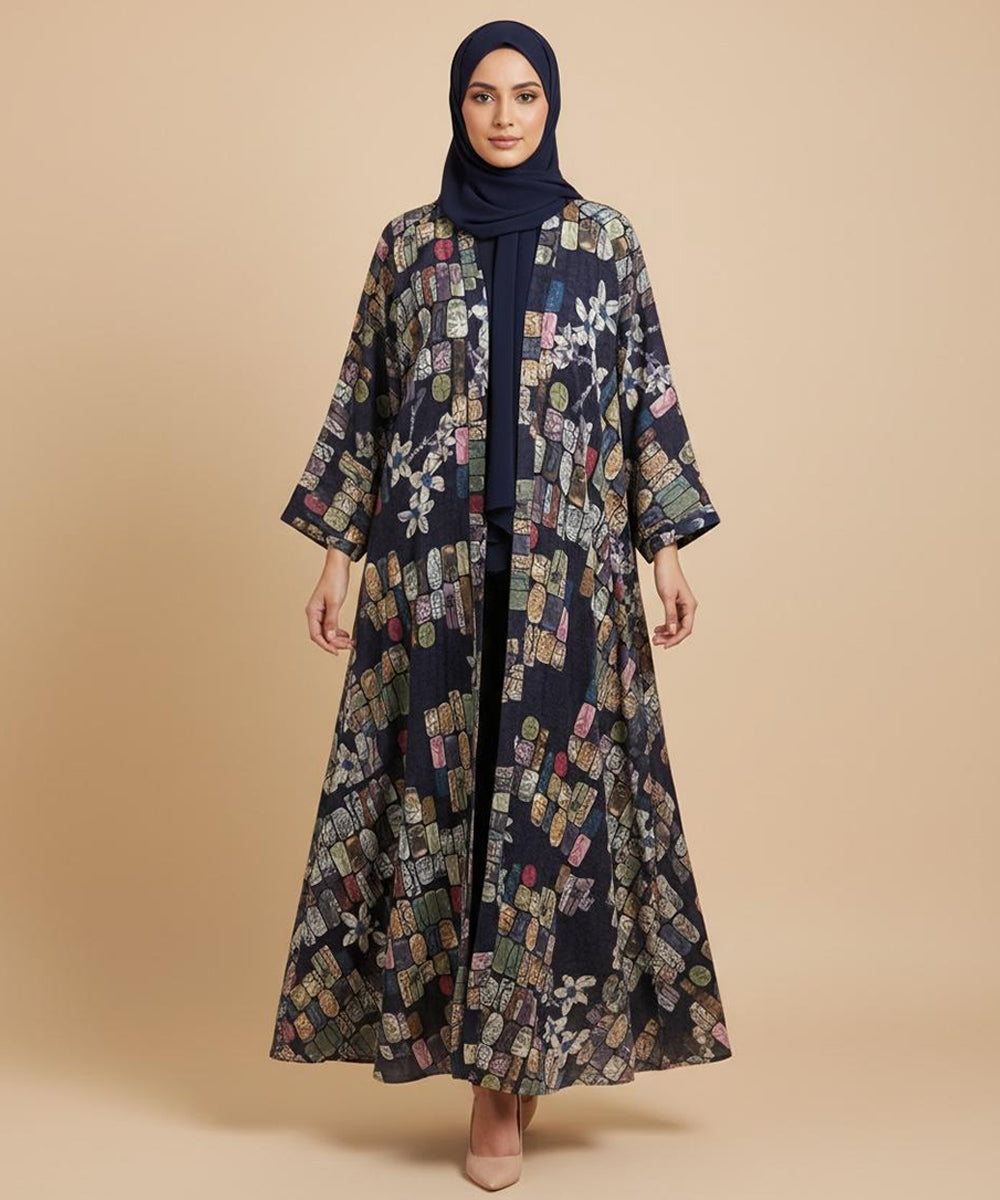 Artistic Multicolor Abstract Floral Print Front Open Abaya Navy Blue