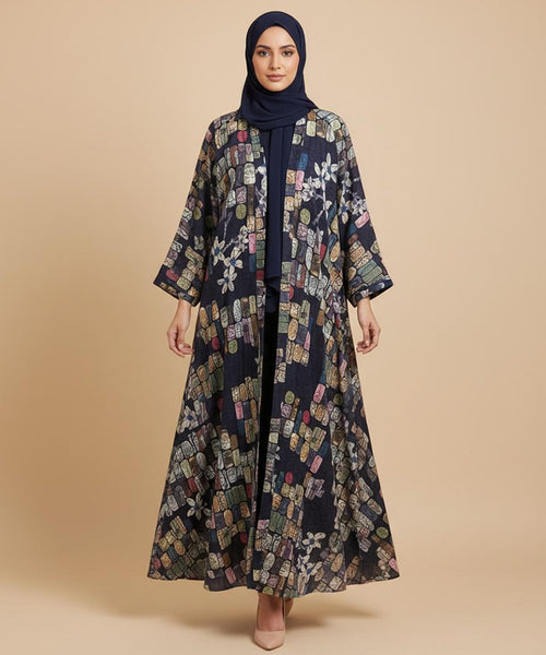 Artistic Multicolor Abstract Floral Print Front Open Abaya Navy Blue