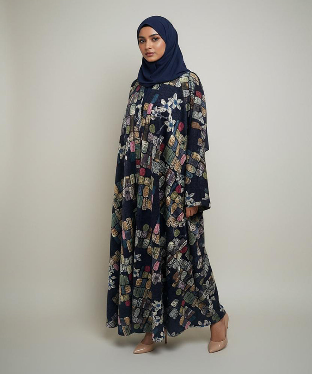 Artistic Multicolor Abstract Floral Print Front Open Abaya Navy Blue