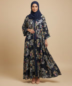 Artistic Multicolor Abstract Floral Print Front Open Abaya Navy Blue