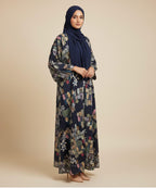 Artistic Multicolor Abstract Floral Print Front Open Abaya Navy Blue