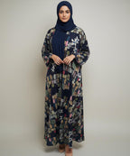 Artistic Multicolor Abstract Floral Print Front Open Abaya Navy Blue