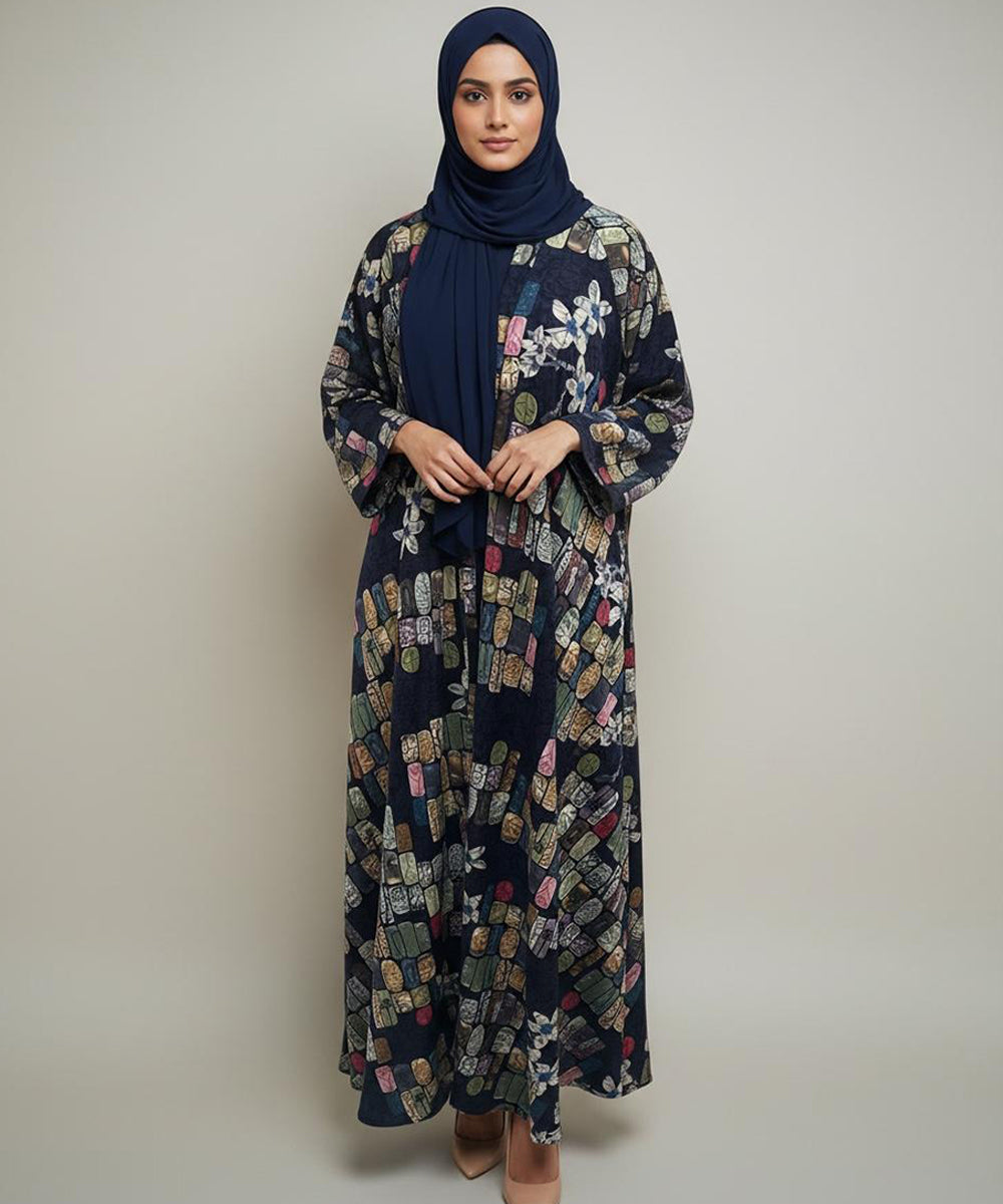 Artistic Multicolor Abstract Floral Print Front Open Abaya Navy Blue