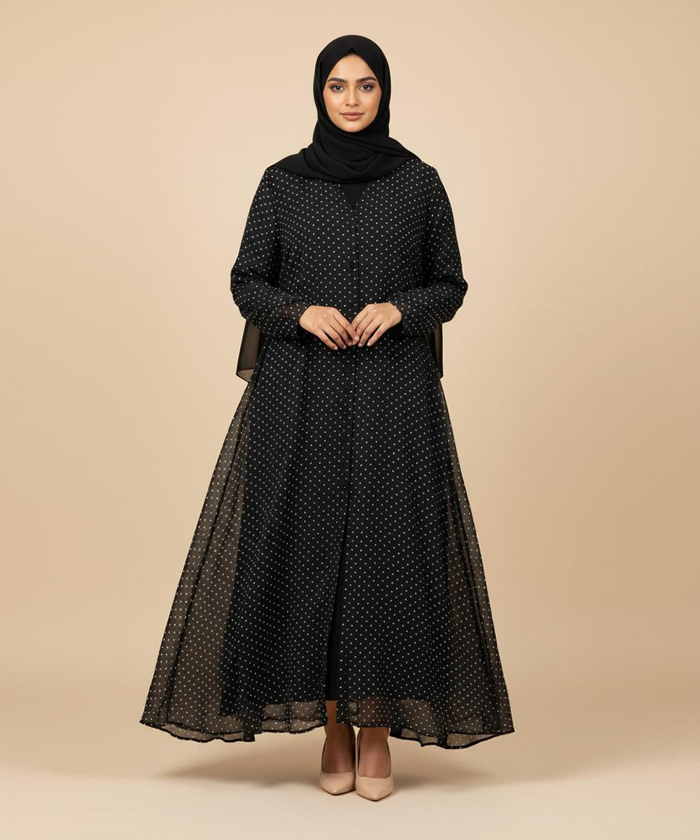 Black Abaya with Delicate White Polka-Dot Pattern Front Open Abaya