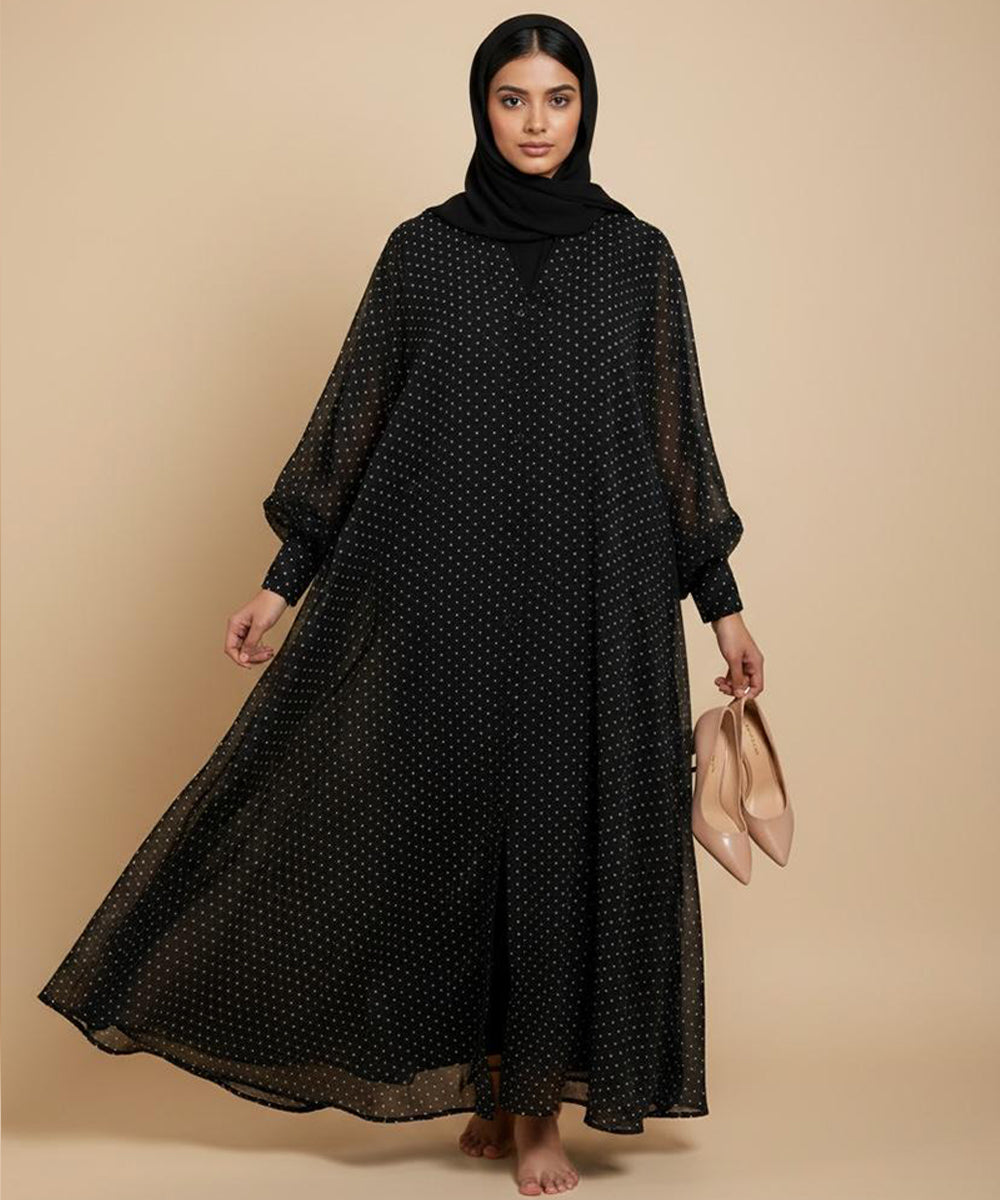 Black Abaya with Delicate White Polka-Dot Pattern Front Open Abaya