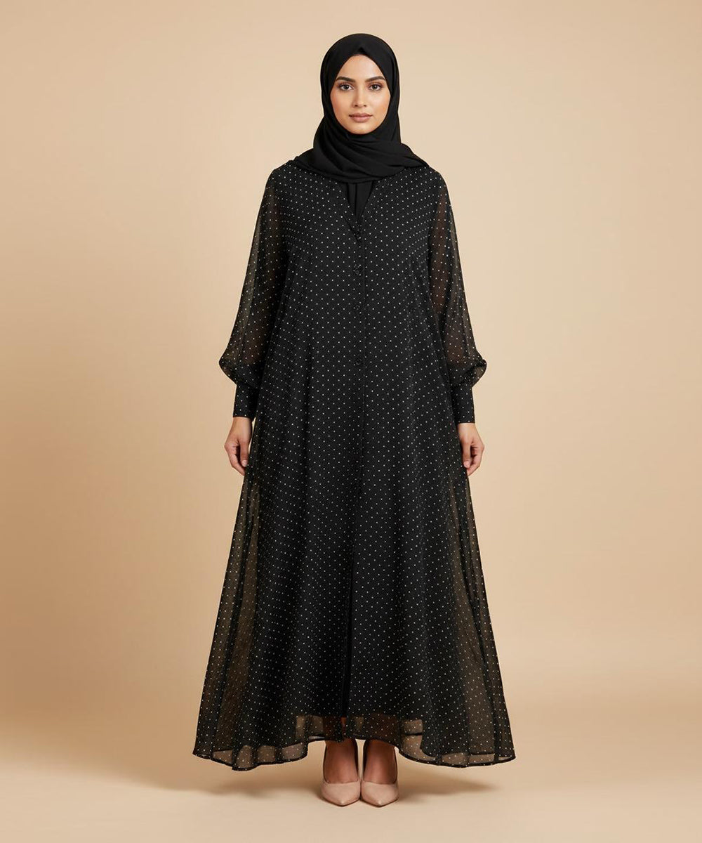Black Abaya with Delicate White Polka-Dot Pattern Front Open Abaya