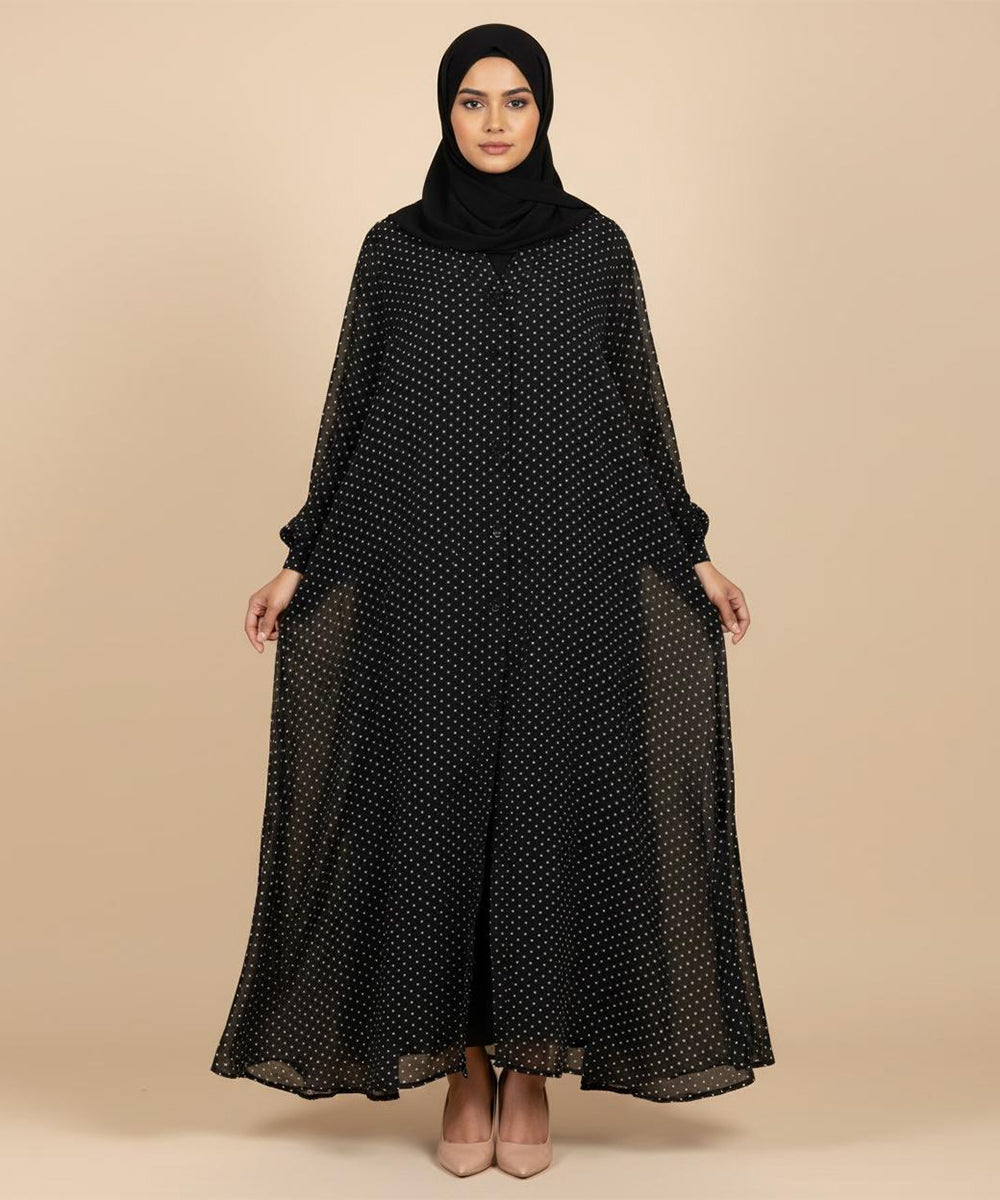 Black Abaya with Delicate White Polka-Dot Pattern Front Open Abaya