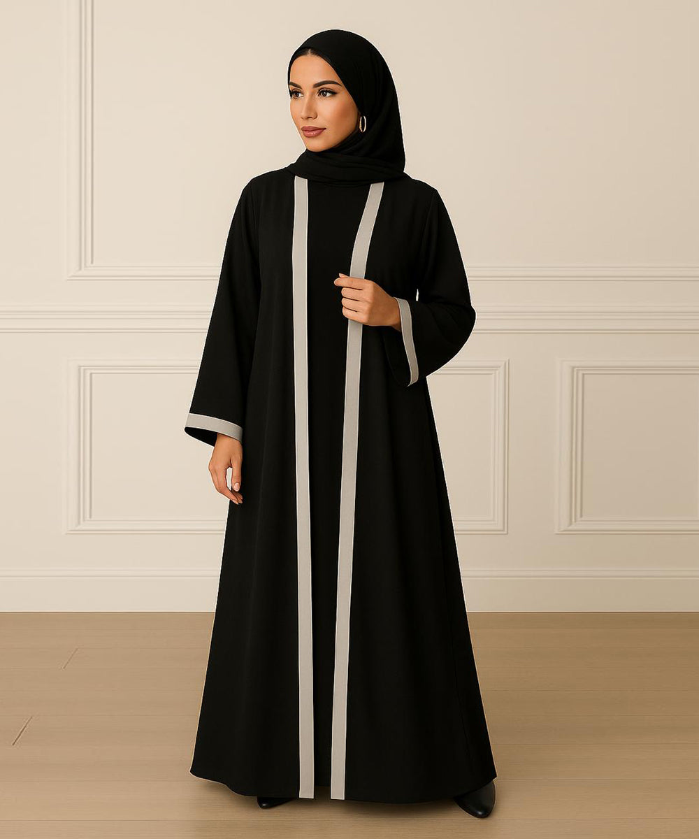 Black Abaya with Silver-Grey Vertical Panels With Hijab