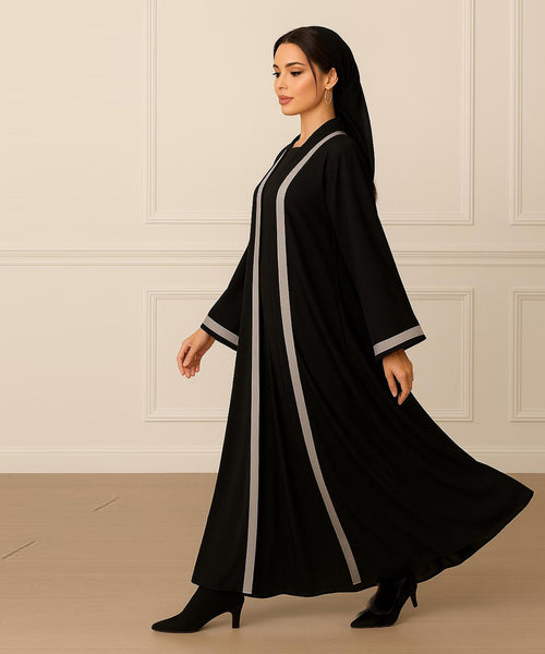 Black Abaya with Silver-Grey Vertical Panels With Hijab