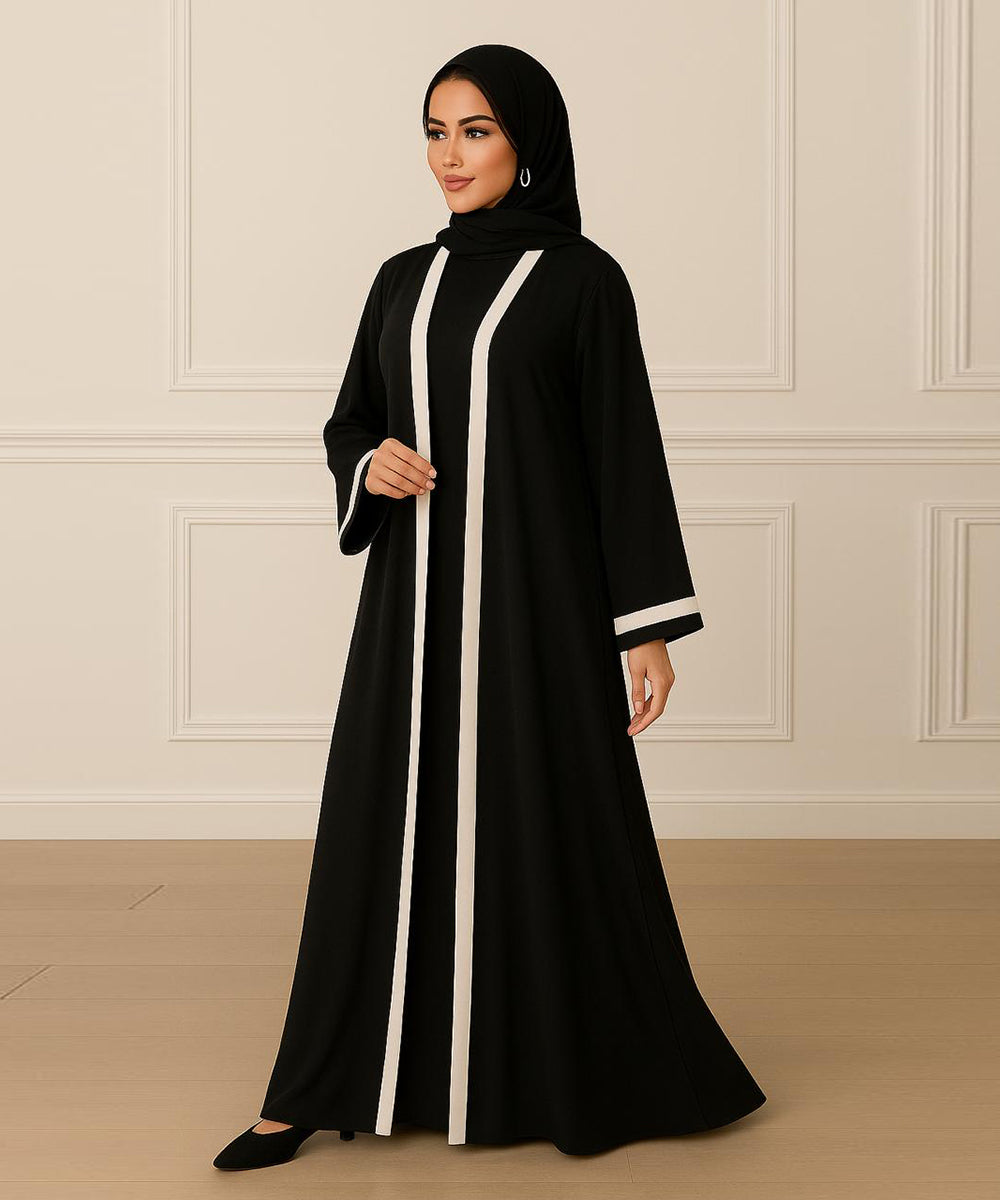 Black Abaya with Silver-Grey Vertical Panels With Hijab
