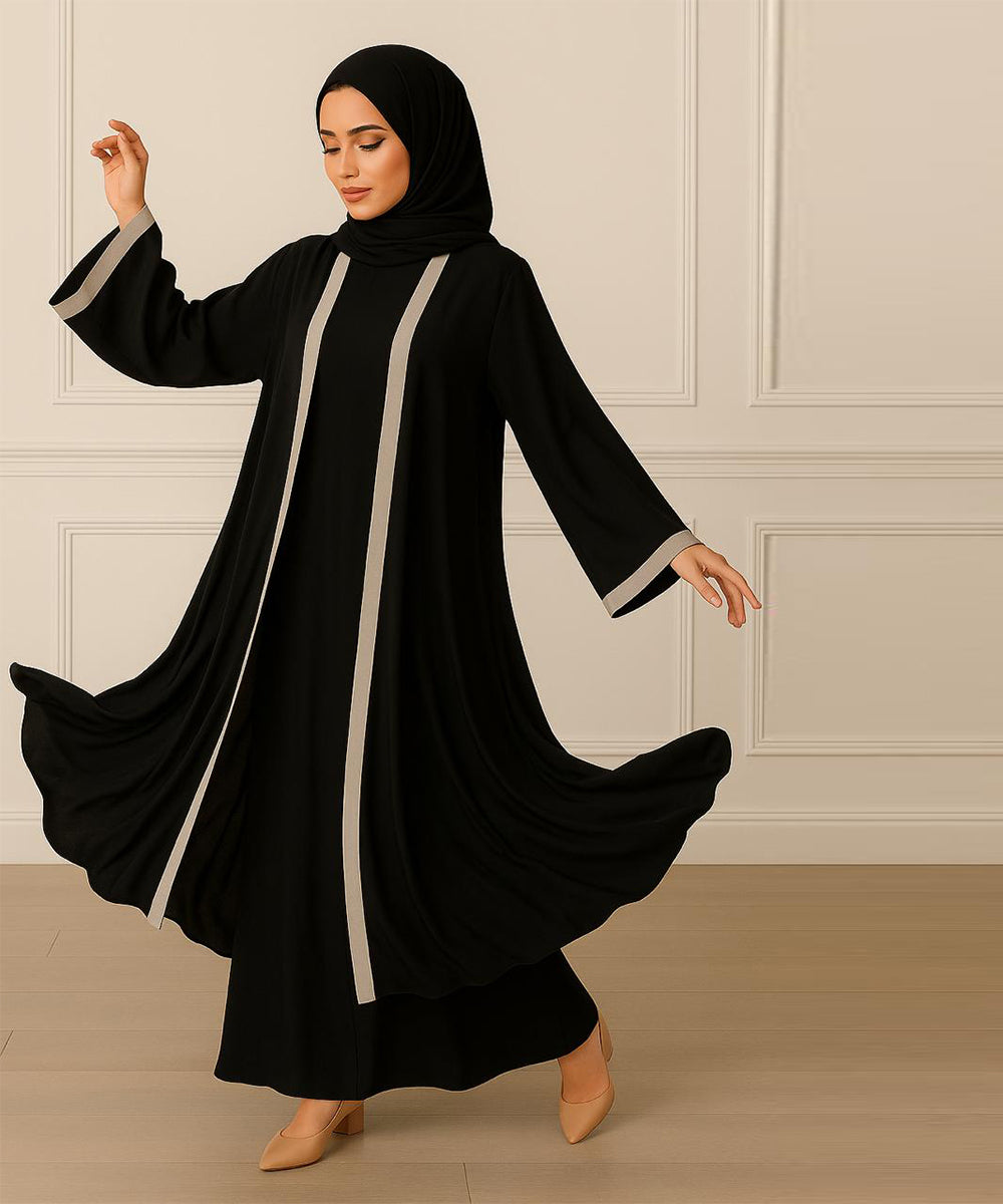 Black Abaya with Silver-Grey Vertical Panels With Hijab