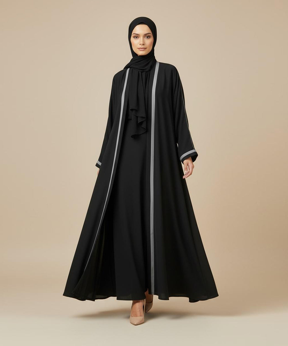 Black Abaya with Silver-Grey Vertical Panels With Hijab