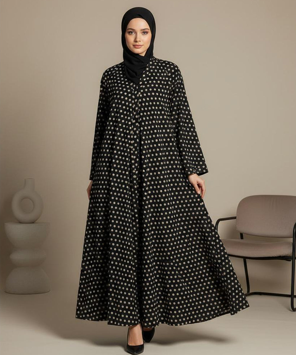 Button Front Open Abaya Elegant Black with Beige Polka Dot Print