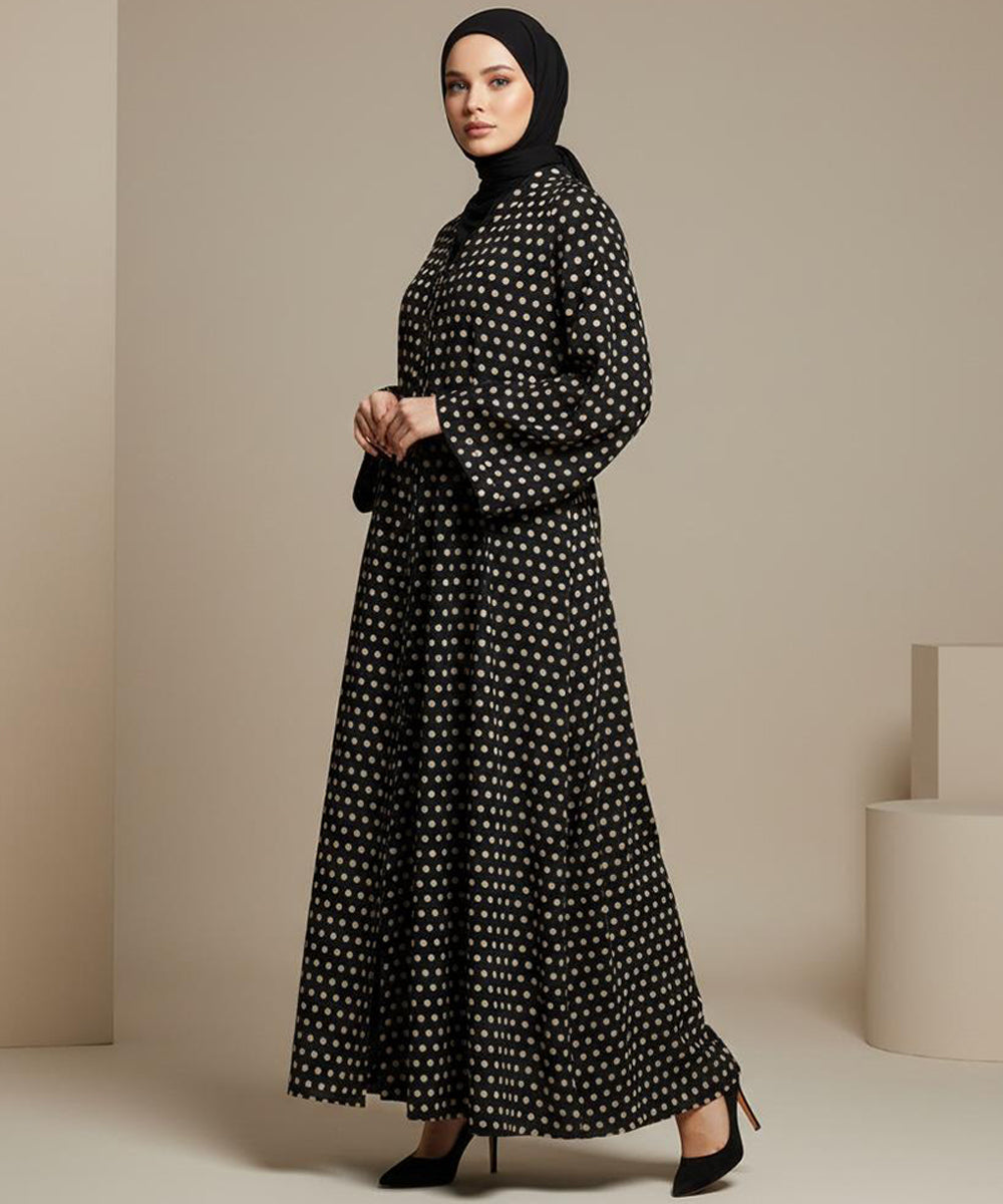 Button Front Open Abaya Elegant Black with Beige Polka Dot Print