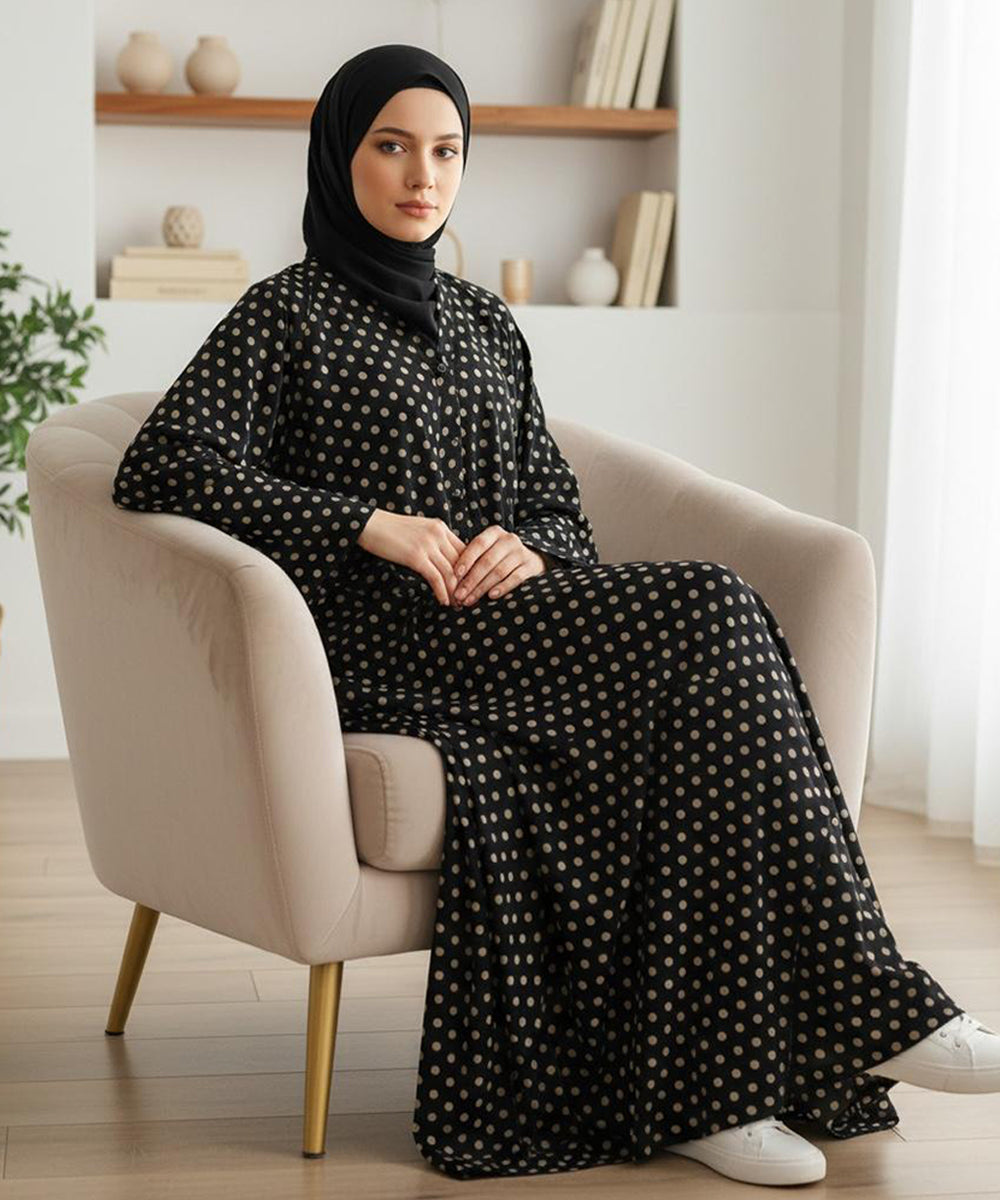 Button Front Open Abaya Elegant Black with Beige Polka Dot Print