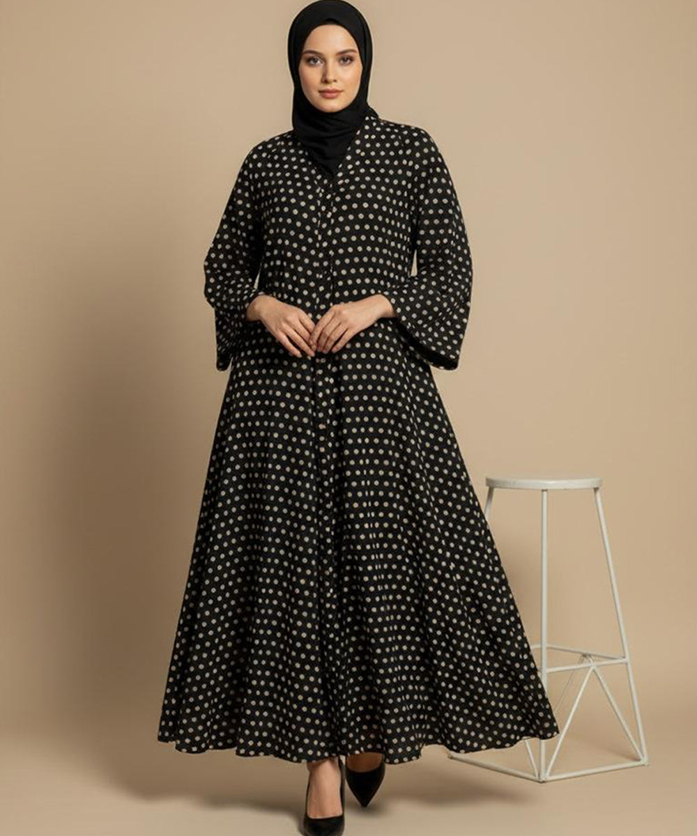 Button Front Open Abaya Elegant Black with Beige Polka Dot Print