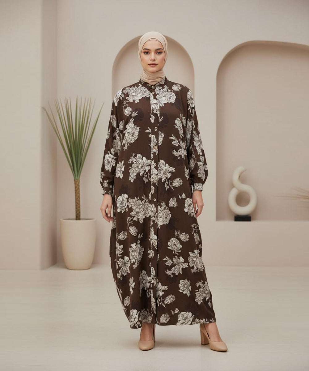 Chocolate Brown Abaya with Soft White Floral Print