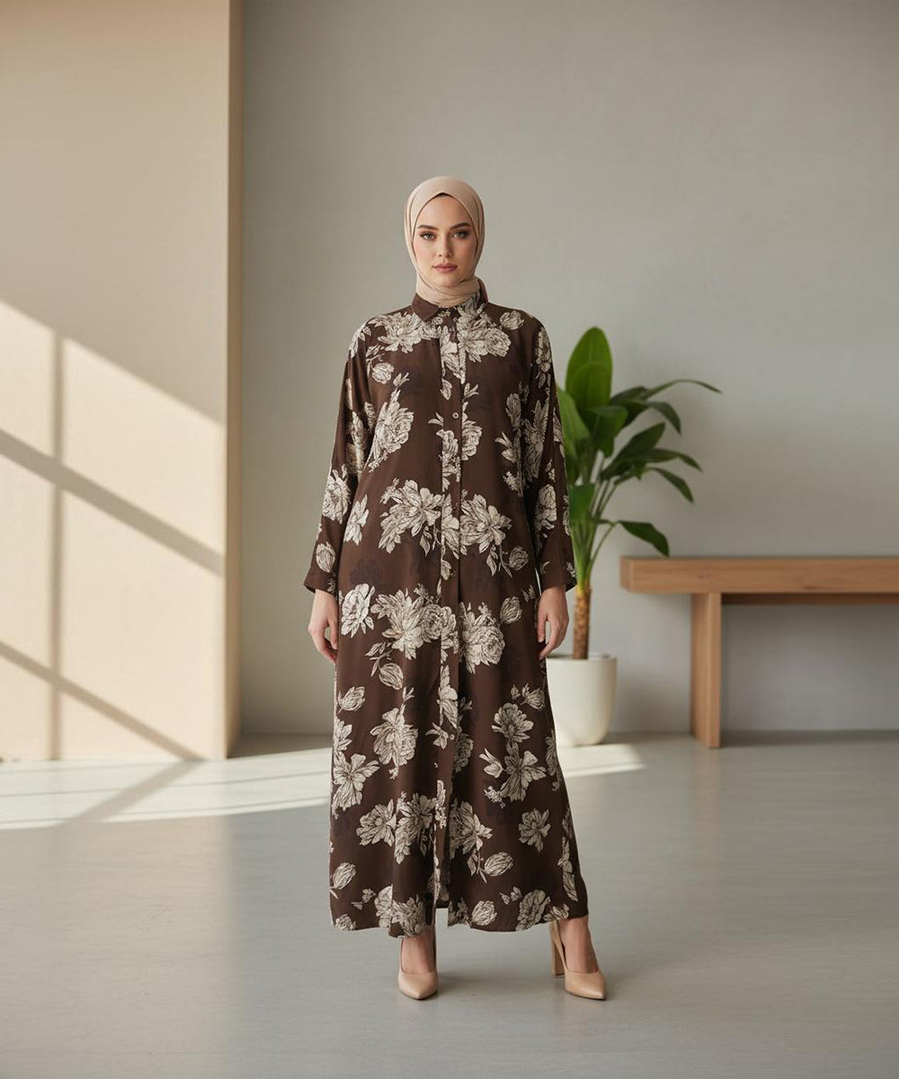 Chocolate Brown Abaya with Soft White Floral Print