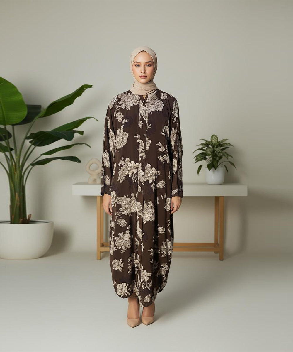 Chocolate Brown Abaya with Soft White Floral Print