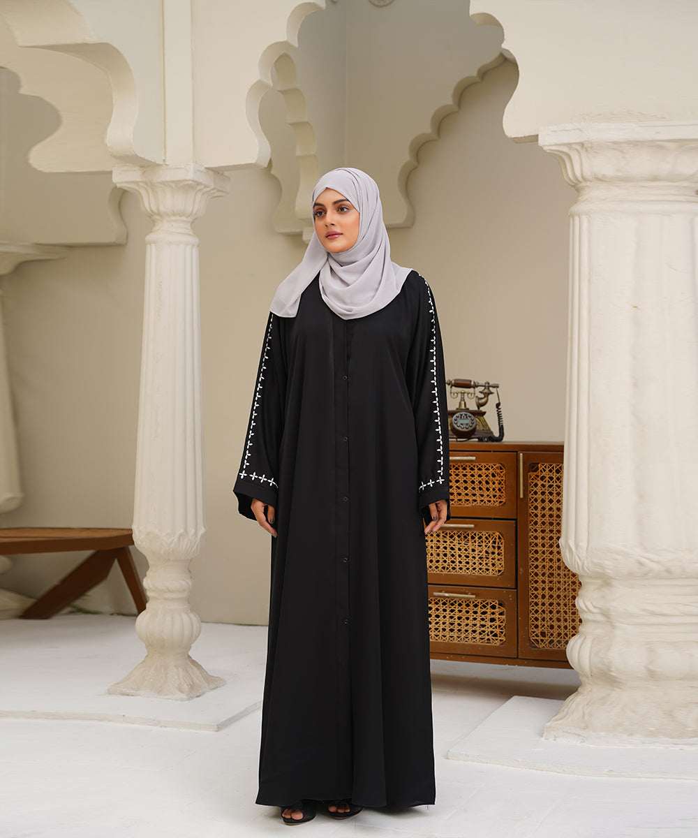 Classic Black Embroidered Abaya With Grey Hijab