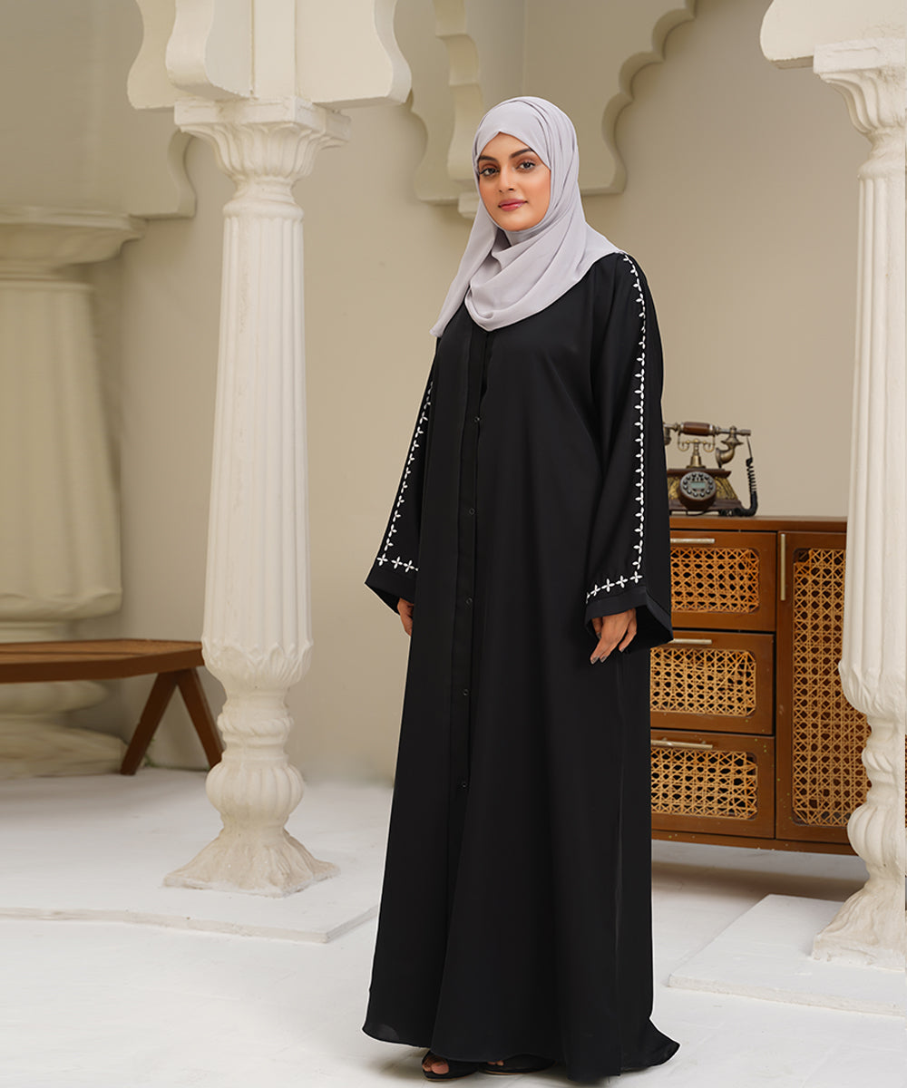 Classic Black Embroidered Abaya With Grey Hijab
