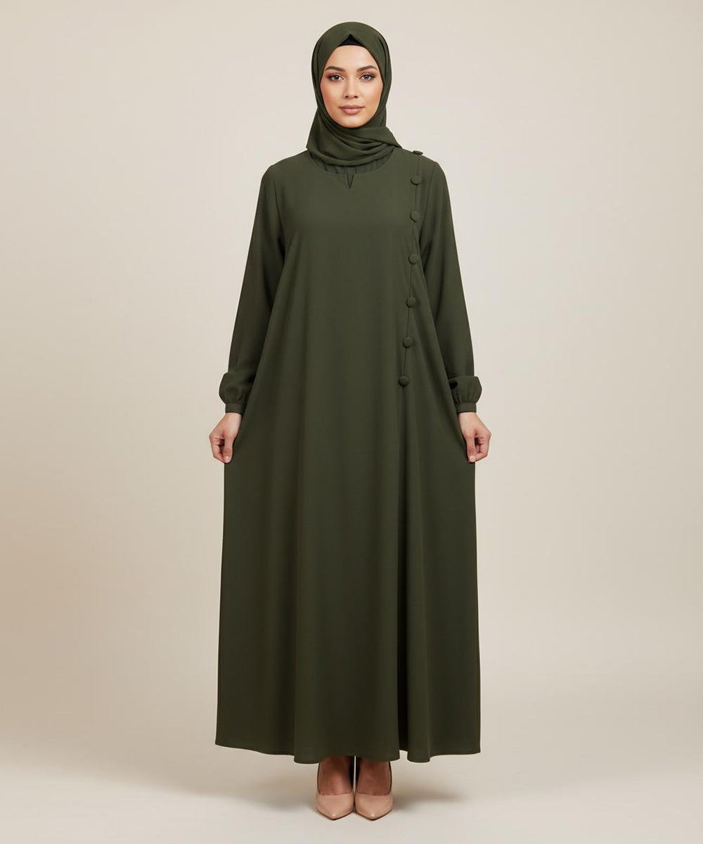 Classic Straight Gheera Olive Green Abaya with a Minimalist