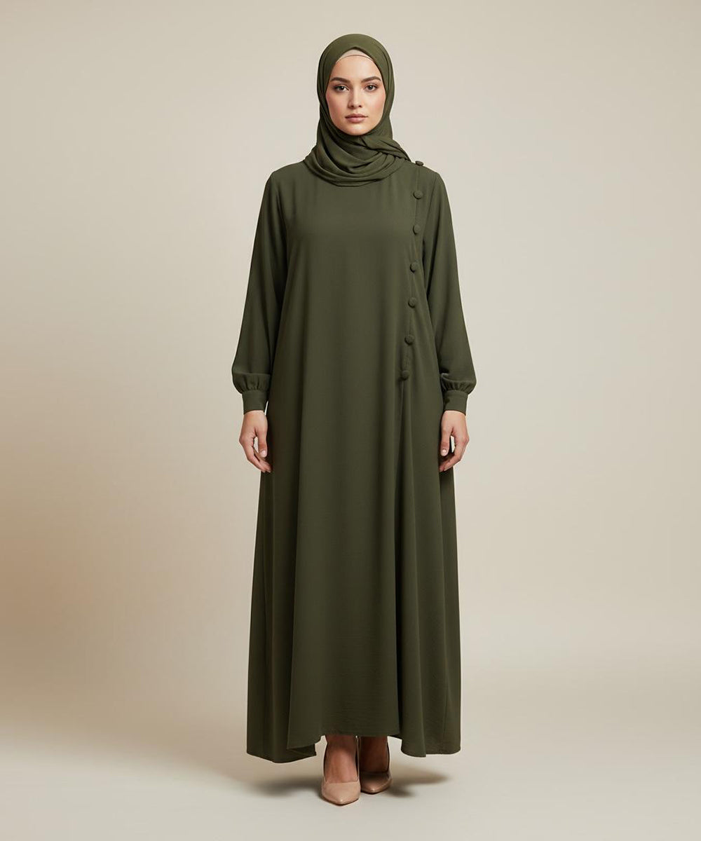Classic Straight Gheera Olive Green Abaya with a Minimalist