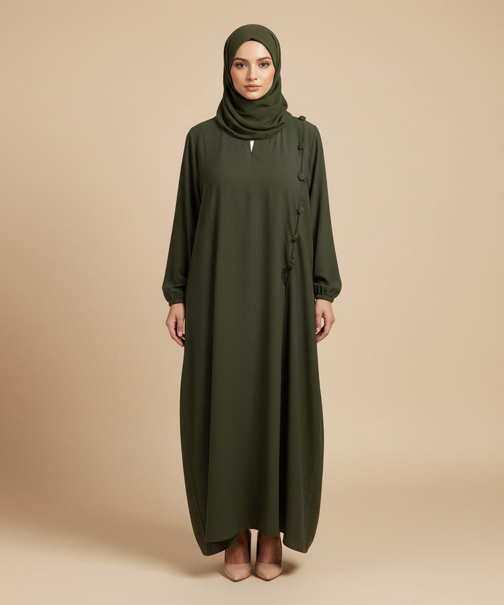 Classic Straight Gheera Olive Green Abaya with a Minimalist