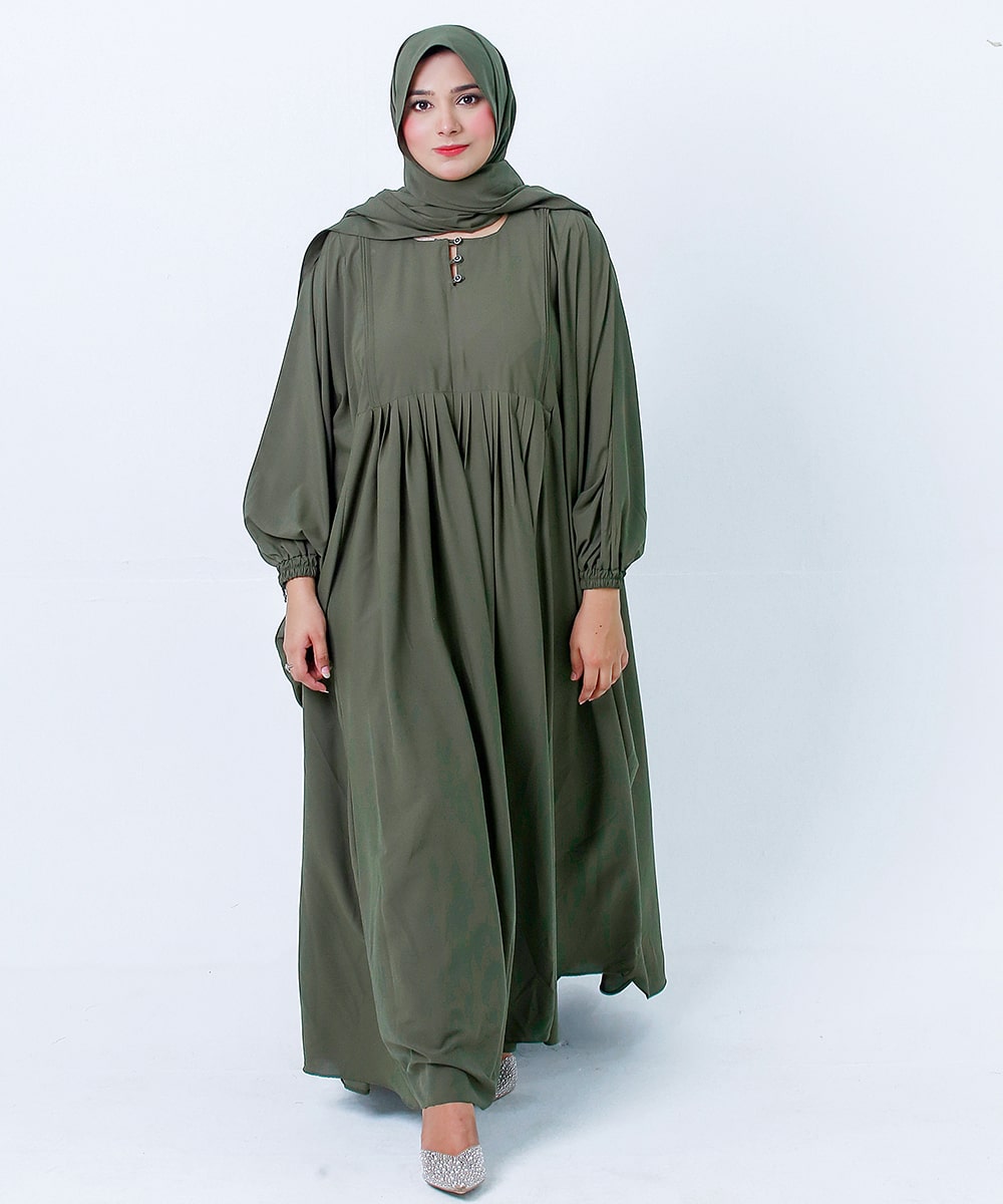 Gathered Abaya Deep Olive Green