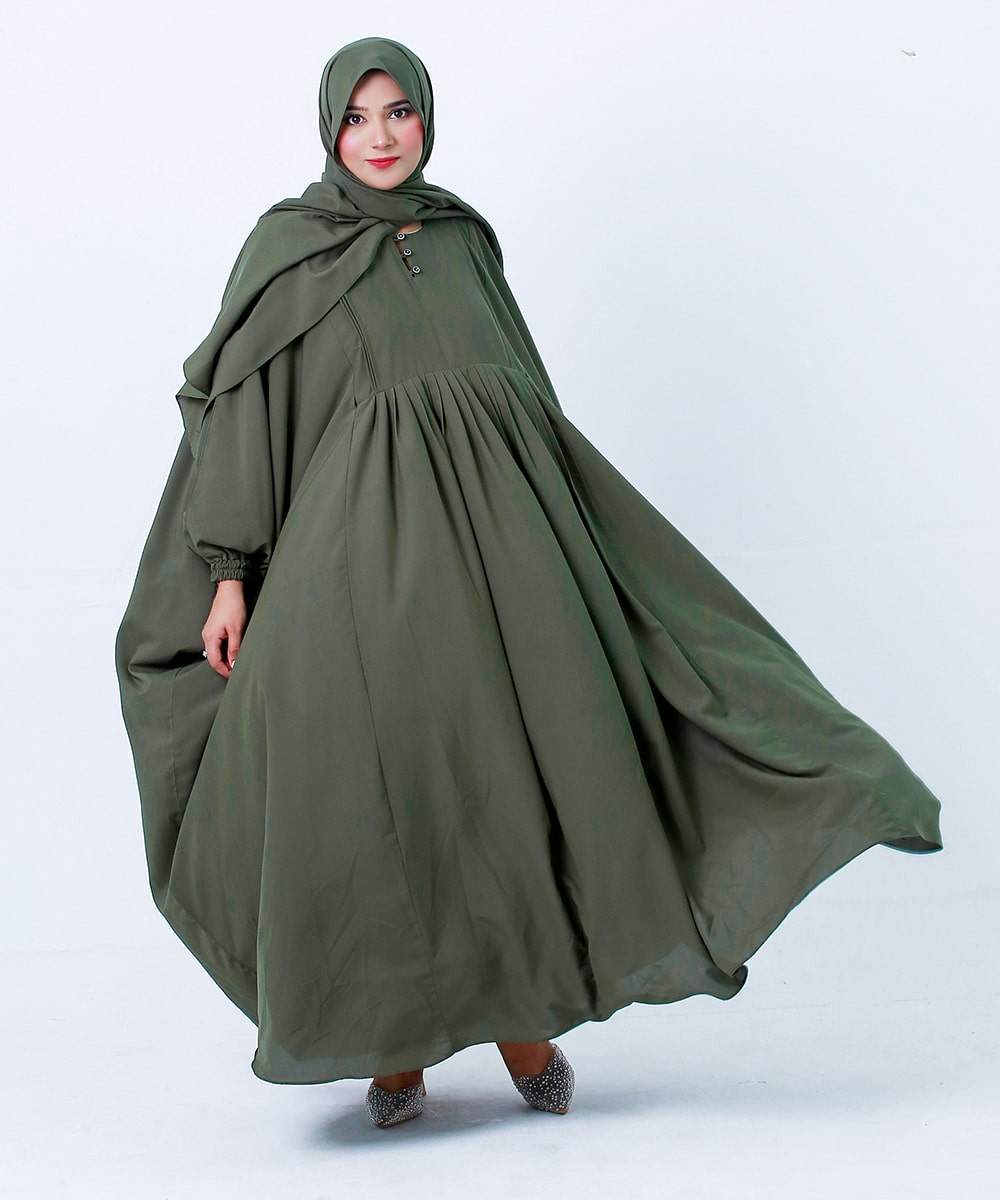 Gathered Abaya Deep Olive Green