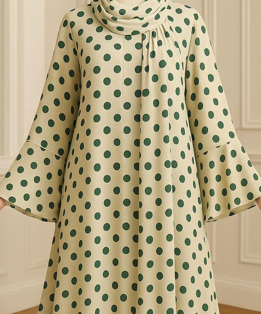 Double Layer Abaya Light Green with Bottle Green Polka Dots (With Hijab)