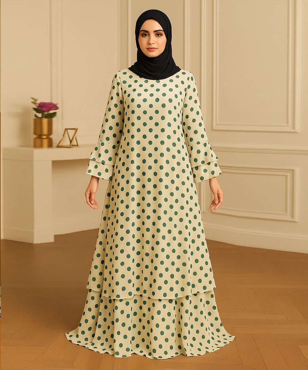 Double Layer Abaya Light Green with Bottle Green Polka Dots (With Hijab)