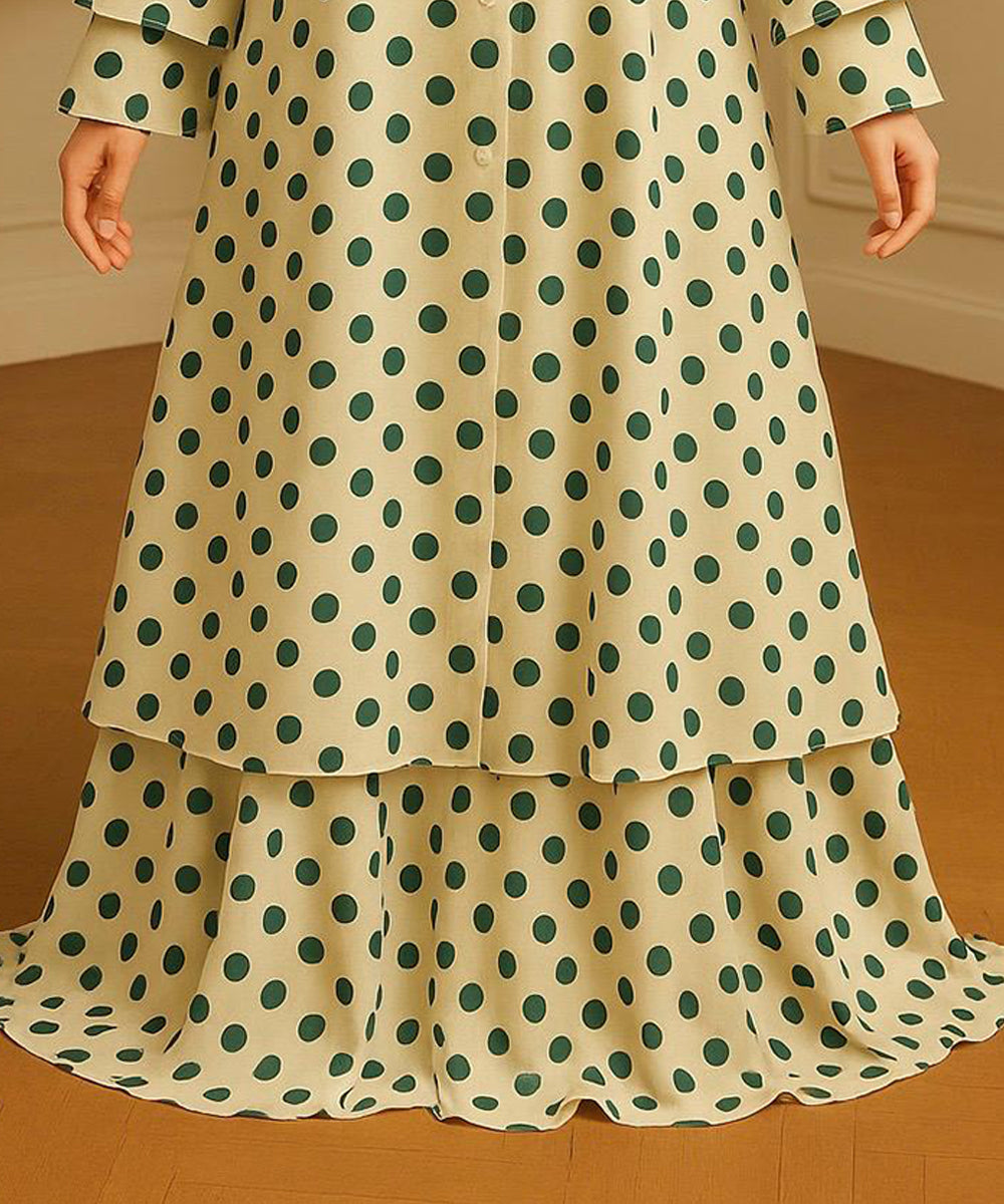 Double Layer Abaya Light Green with Bottle Green Polka Dots (With Hijab)