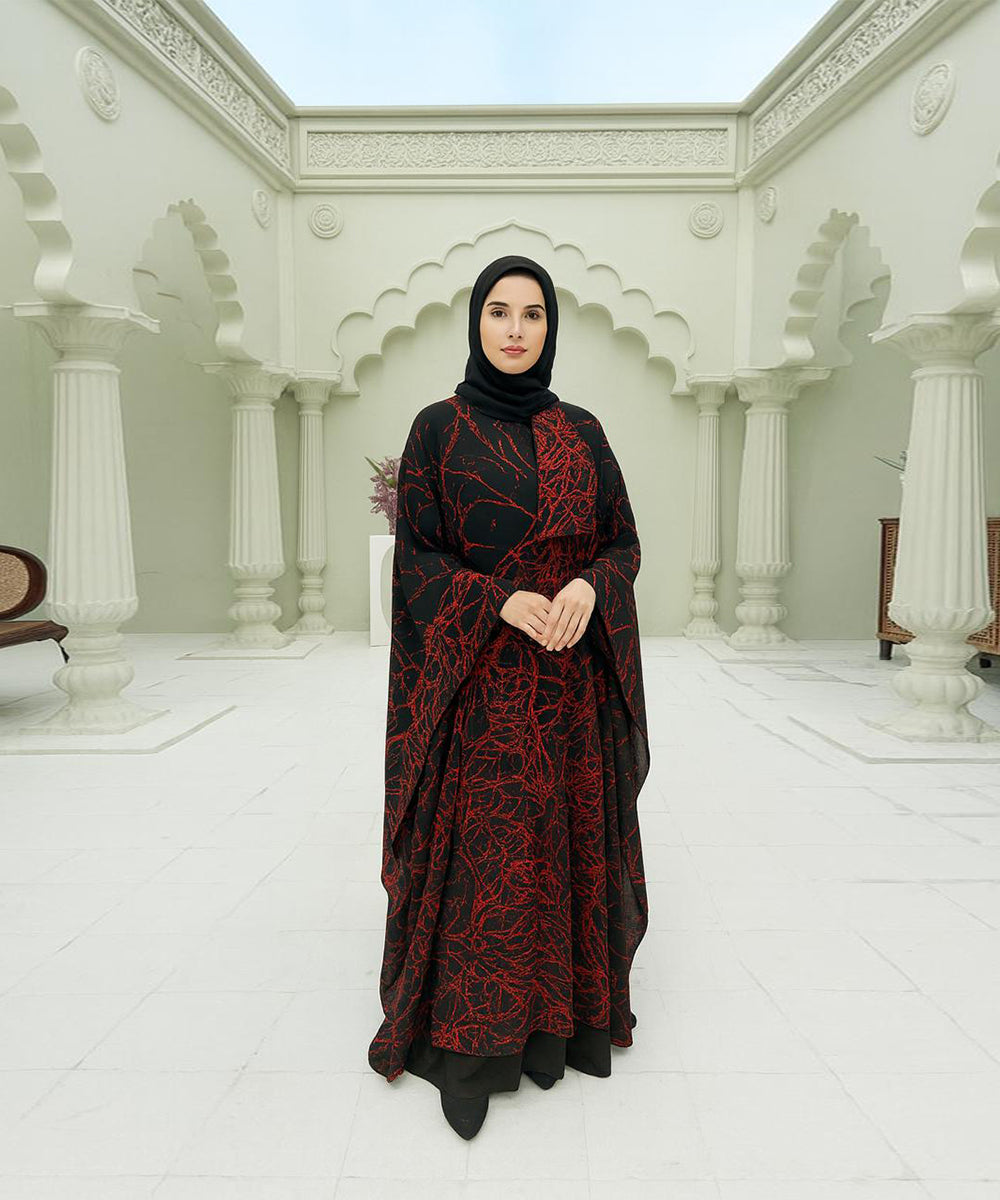Double Layer Butterfly Style Abaya Black w Red Abstract Patterns