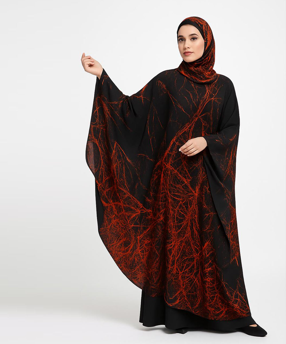 Double Layer Butterfly Style Abaya Black w Red Abstract Patterns